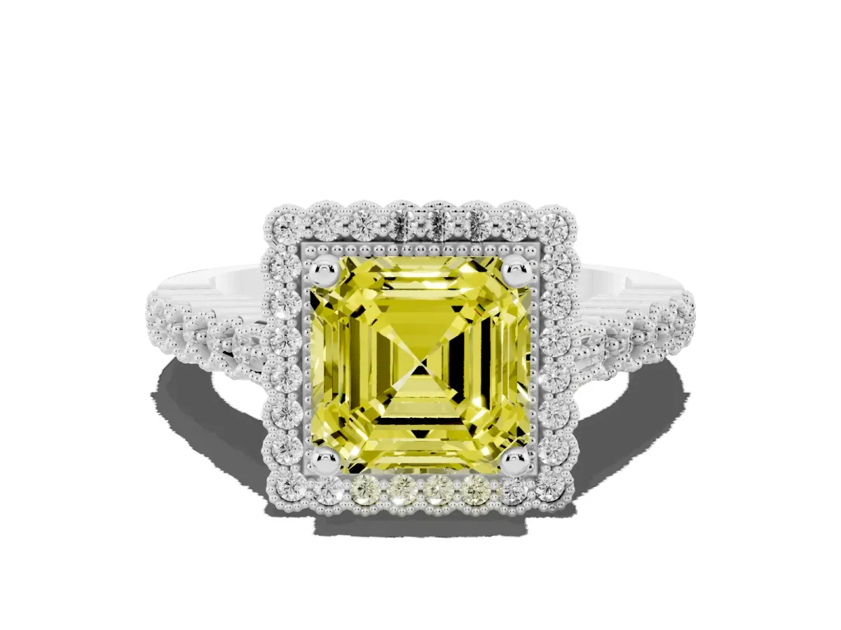 Fancy Yellow Asscher Cut Cut Halo Pavé Solitaire Ring with Milgrain Band Silver