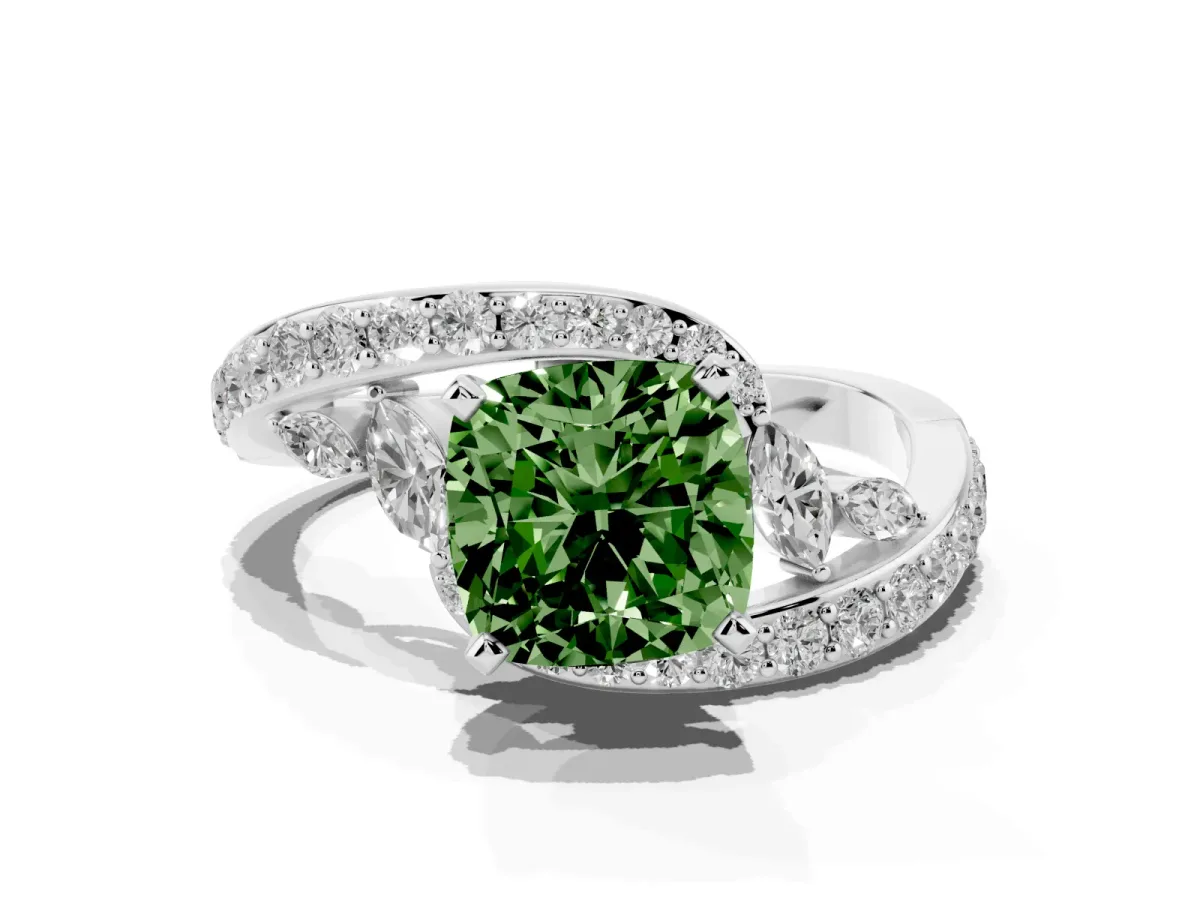 Fancy Green Cushion Cut Solitaire with Pavé Twist Band and Four-Prong Setting Platinum