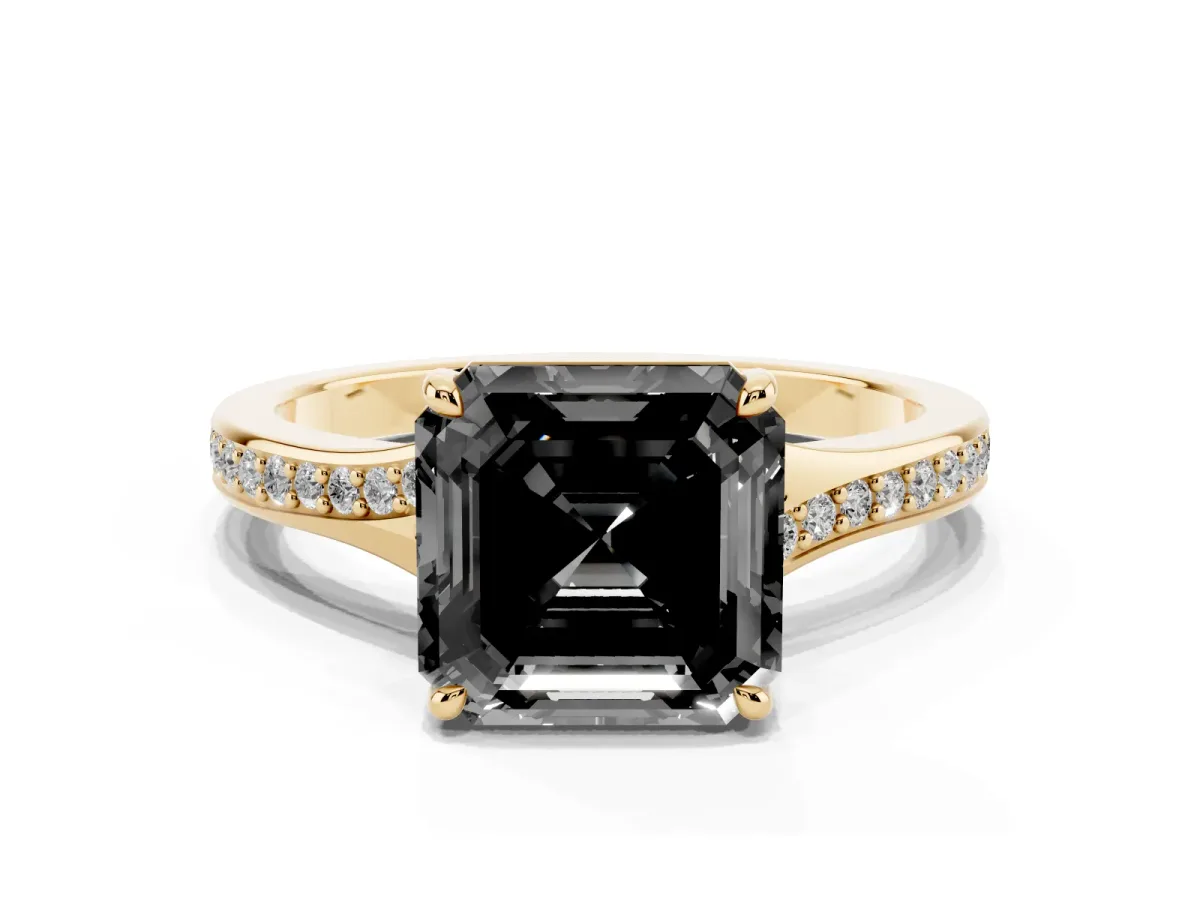 Fancy Black Asscher Cut Diamond Solitaire Ring with Pavé Band and Prong Setting Yellow gold