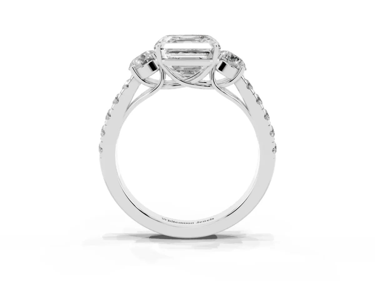 Asscher Cut Cut Diamond Three-Stone Ring with Round Side Stones and Pavé Band White gold