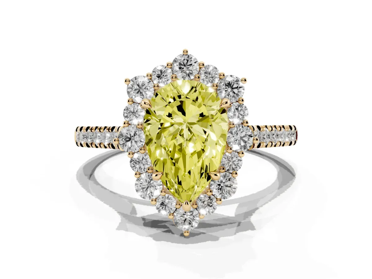 Fancy Yellow Pear Cut Halo Diamond Ring with Pavé Band and Prong Setting Yellow gold