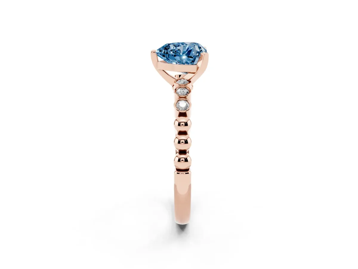 Fancy Blue Heart Cut Solitaire Bezel Accent Diamond Engagement Ring with Beaded Band and Four-Prong Setting Rose gold