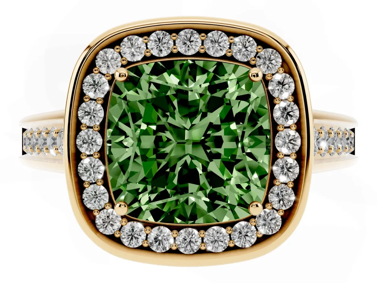 Fancy Green Cushion Cut Halo Solitaire Diamond Ring with Pave Band and Bezel Setting Yellow gold