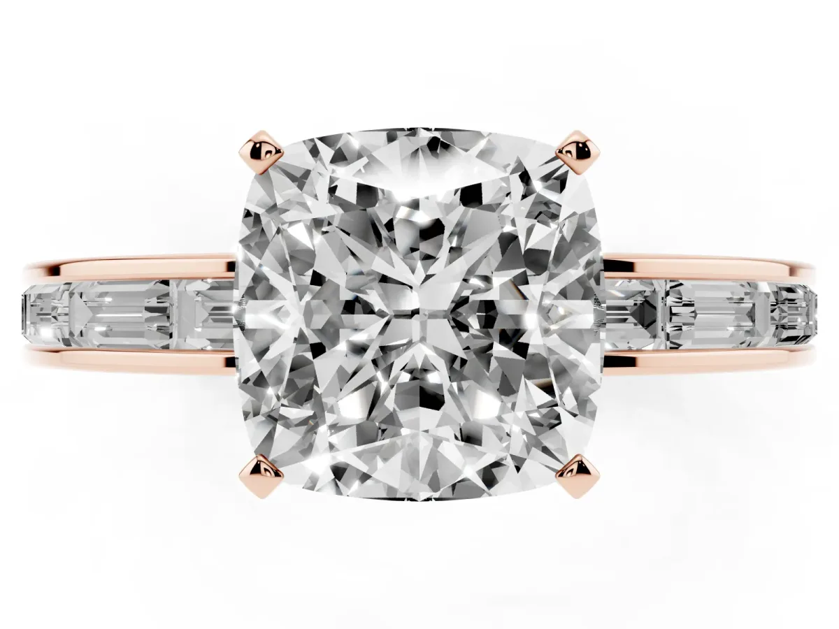 Cushion Cut Solitaire Diamond Ring with Channel-Set Baguette Band and Four-Prong Setting Rose gold