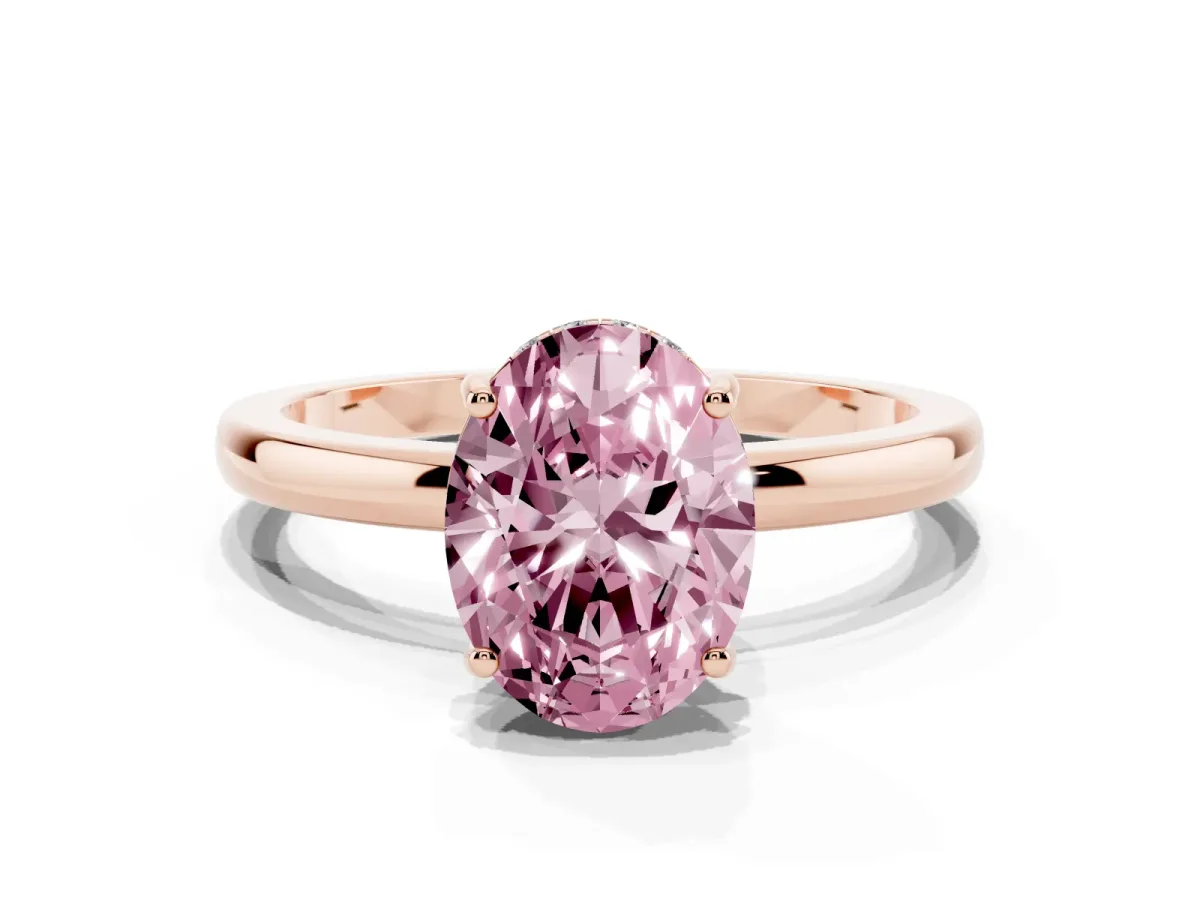 Fancy Pink Oval Cut Solitaire Diamond Ring with Prong Setting and Plain Band Rose gold