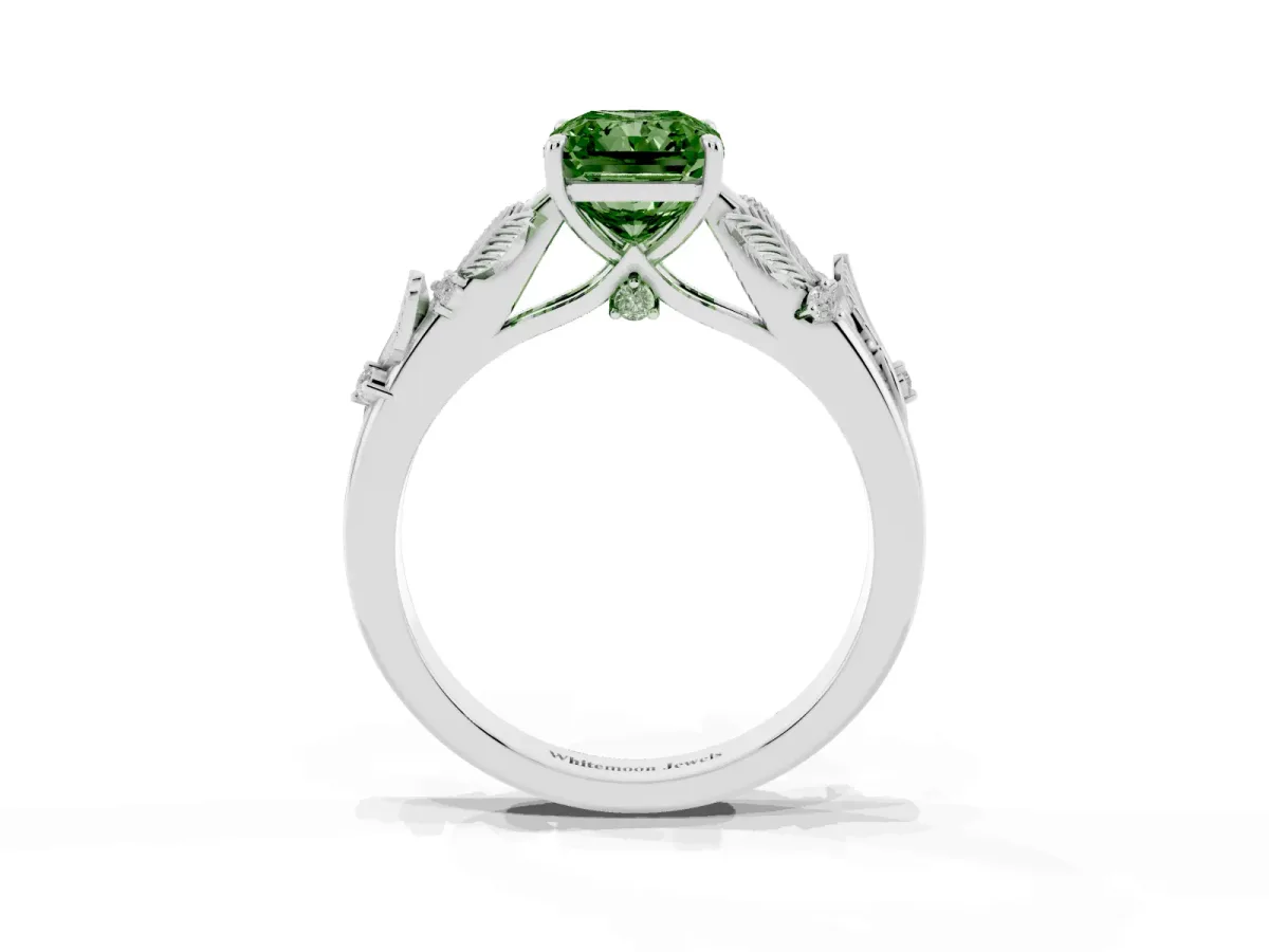Fancy Green Radiant Cut Diamond Solitaire Ring with Leaf Motif Band and Four-Prong Setting Silver