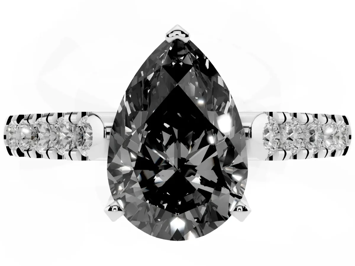 Fancy Black Pear Cut Diamond Pavé Band Solitaire Ring with Prong Setting Silver