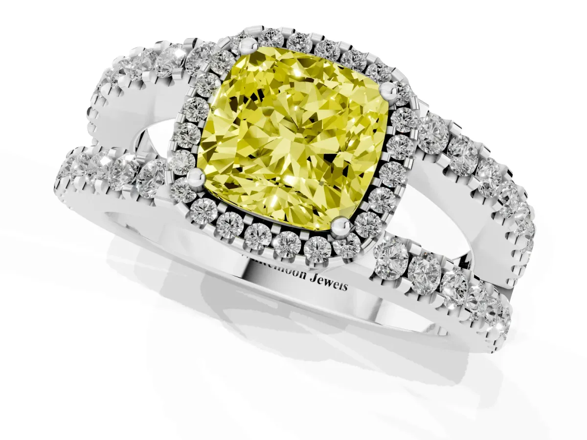 Fancy Yellow Cushion Cut Cut Halo Split Shank Diamond Ring with Four-Prong Setting Platinum