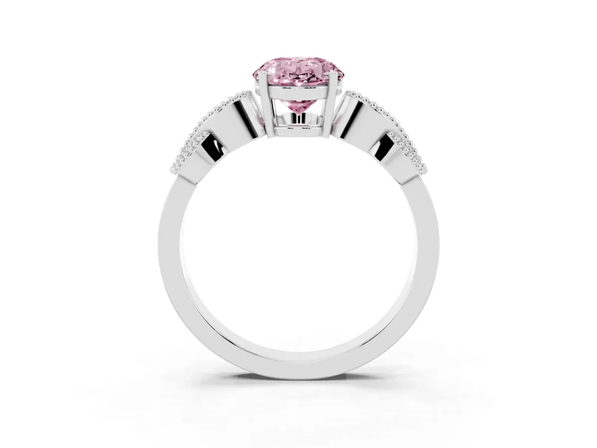 Fancy Pink Oval Cut Solitaire Milgrain Leaf Band with Prong Setting Silver
