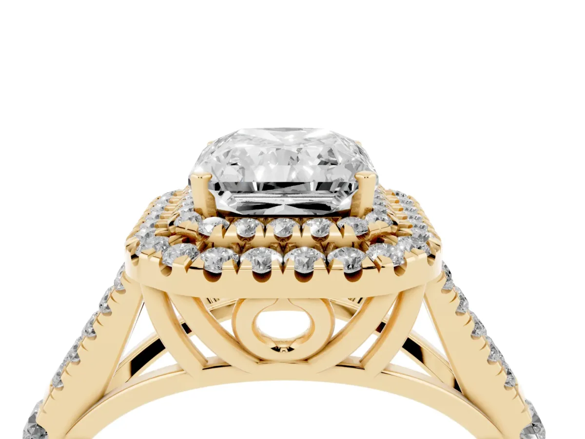 Double Halo Radiant Cut Diamond Split Shank Engagement Ring with Four-Prong Setting Yellow gold
