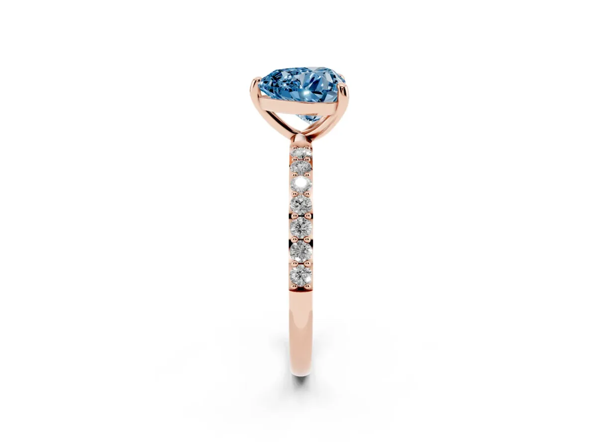Fancy Blue Heart Cut Diamond Solitaire Ring with Round Pavé Band and Prong Setting Rose gold