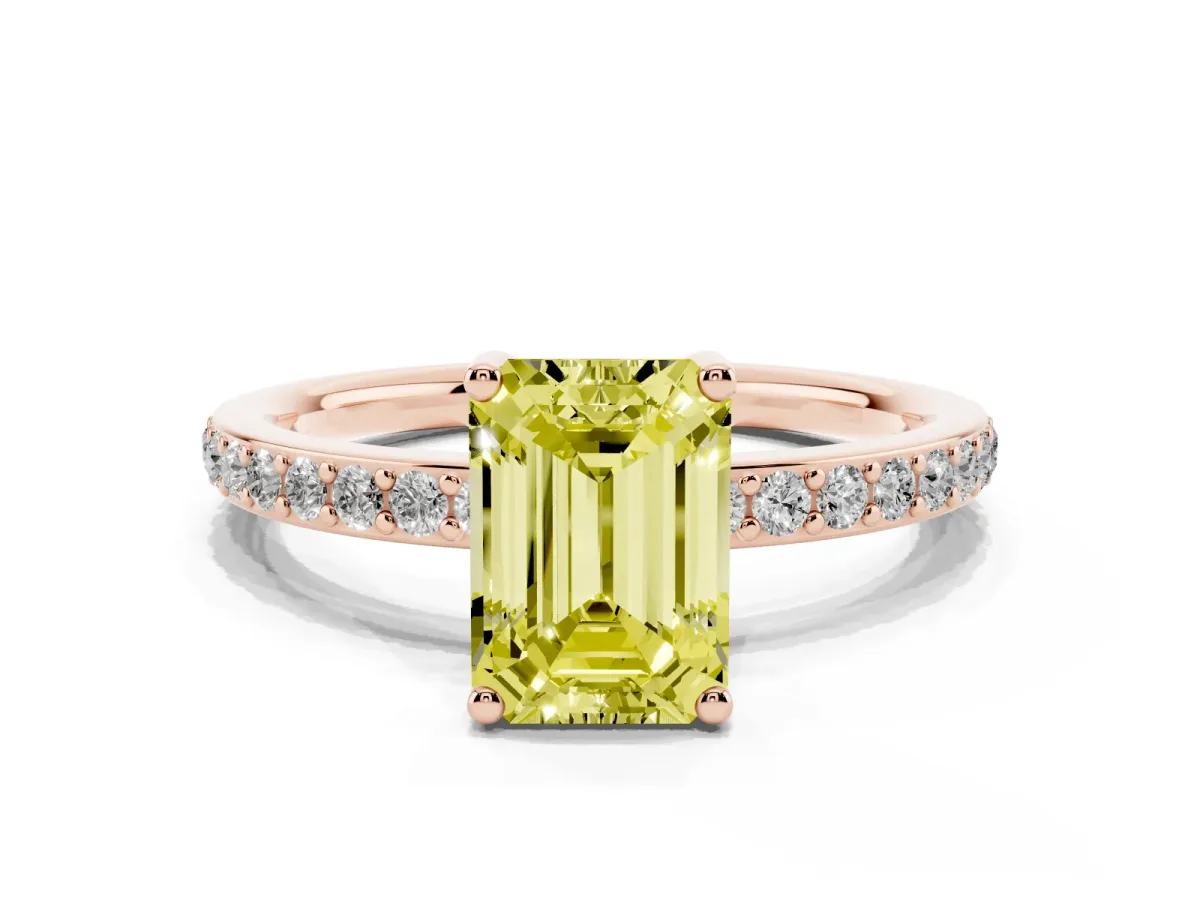 Fancy Yellow Emerald Cut Cut Diamond Pavé Band Ring with Four-Prong Setting Rose gold