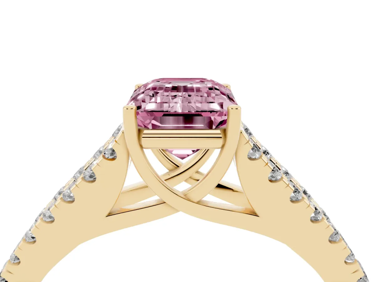 Fancy Pink Emerald Cut Diamond Split Shank Pavé Engagement Ring with Four-Prong Setting Yellow gold