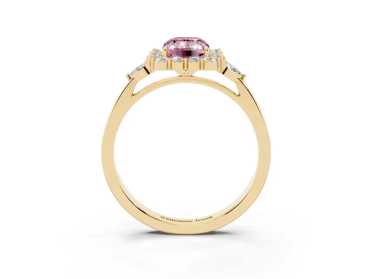 Fancy Pink Emerald Cut Diamond Halo Ring with Pear Side Stones and Prong Setting Yellow gold
