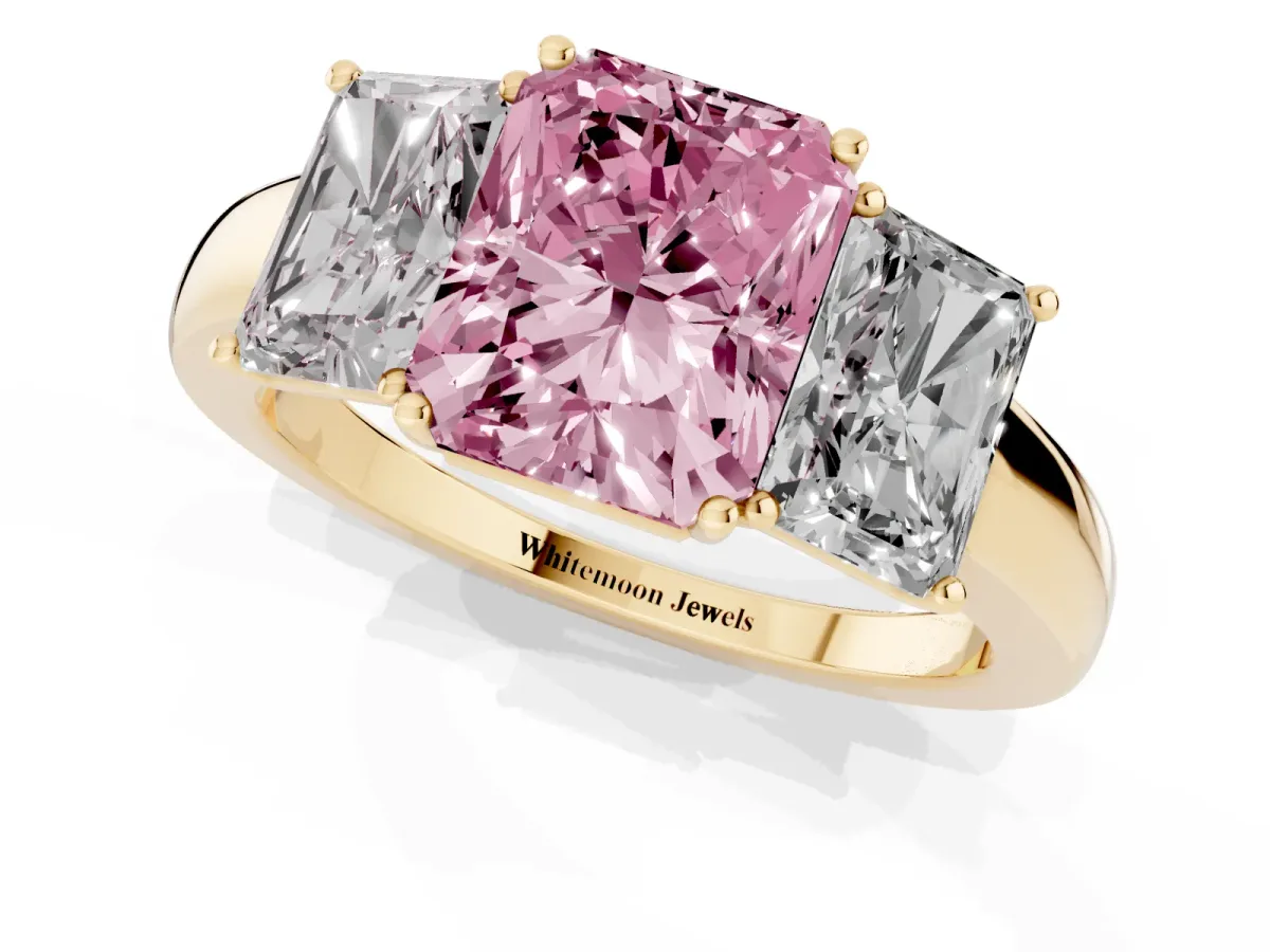 Fancy Pink Radiant Cut Diamond Three-Stone Ring with Four-Prong Setting and Classic Band Yellow gold
