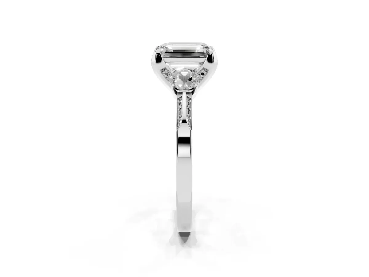 Fancy Black Emerald Cut Brilliant Three-Stone Diamond Ring with Pavé Band and Four-Prong Setting Platinum