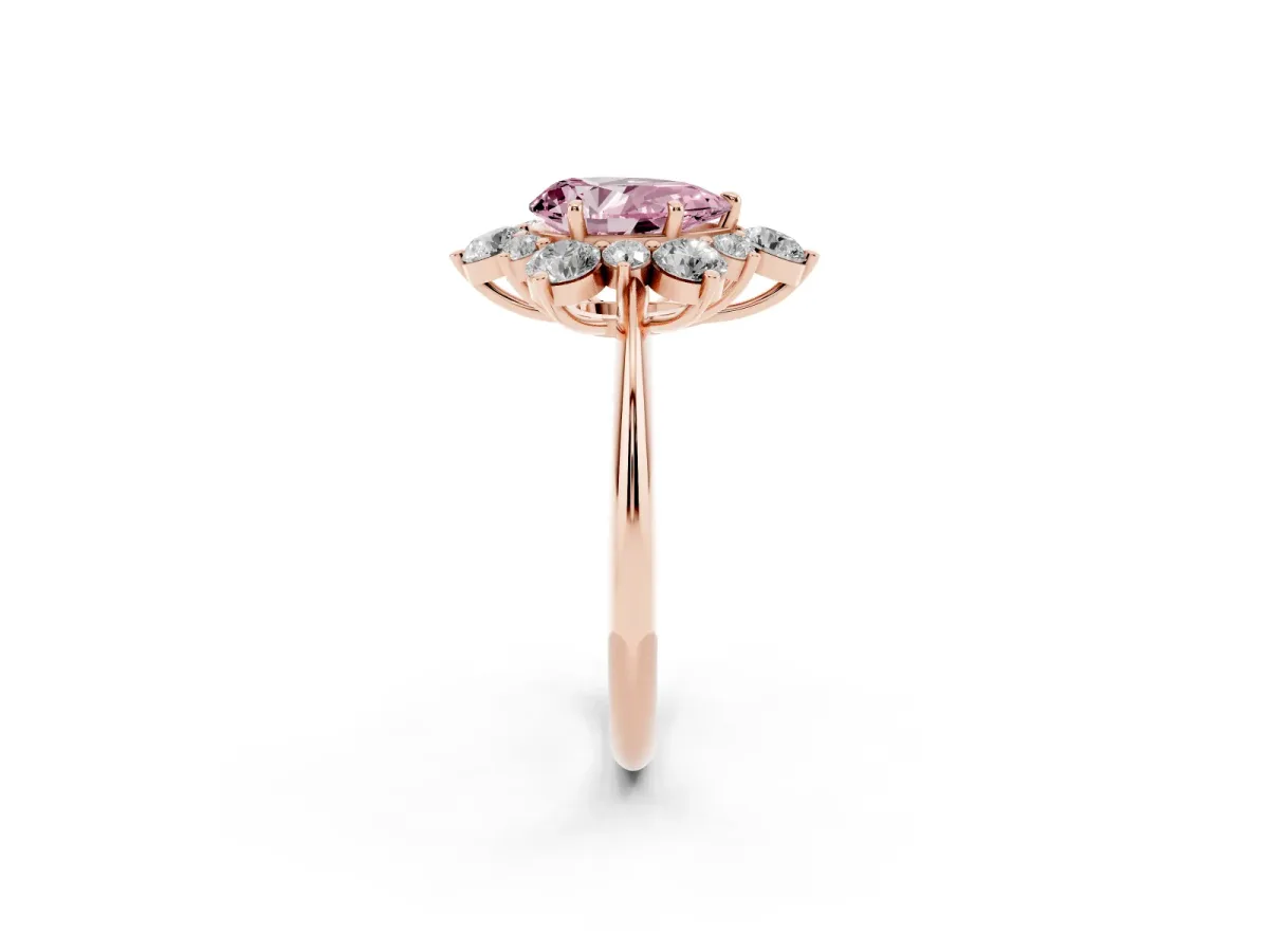 Fancy Pink Pear Cut Diamond Cluster Halo Ring with Solitaire Band and Four-Prong Setting Rose gold
