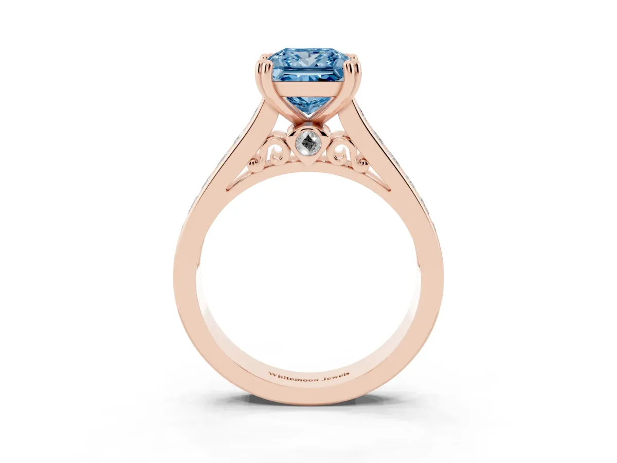 Fancy Blue Princess Cut Cut Channel Set Solitaire Engagement Ring with Prong Setting Rose gold