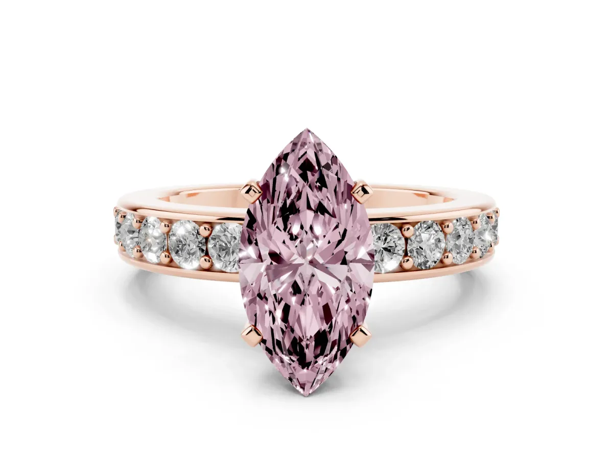 Fancy Pink Marquise Cut Diamond Engagement Ring with Channel Set Round Band and Prong Setting Rose gold
