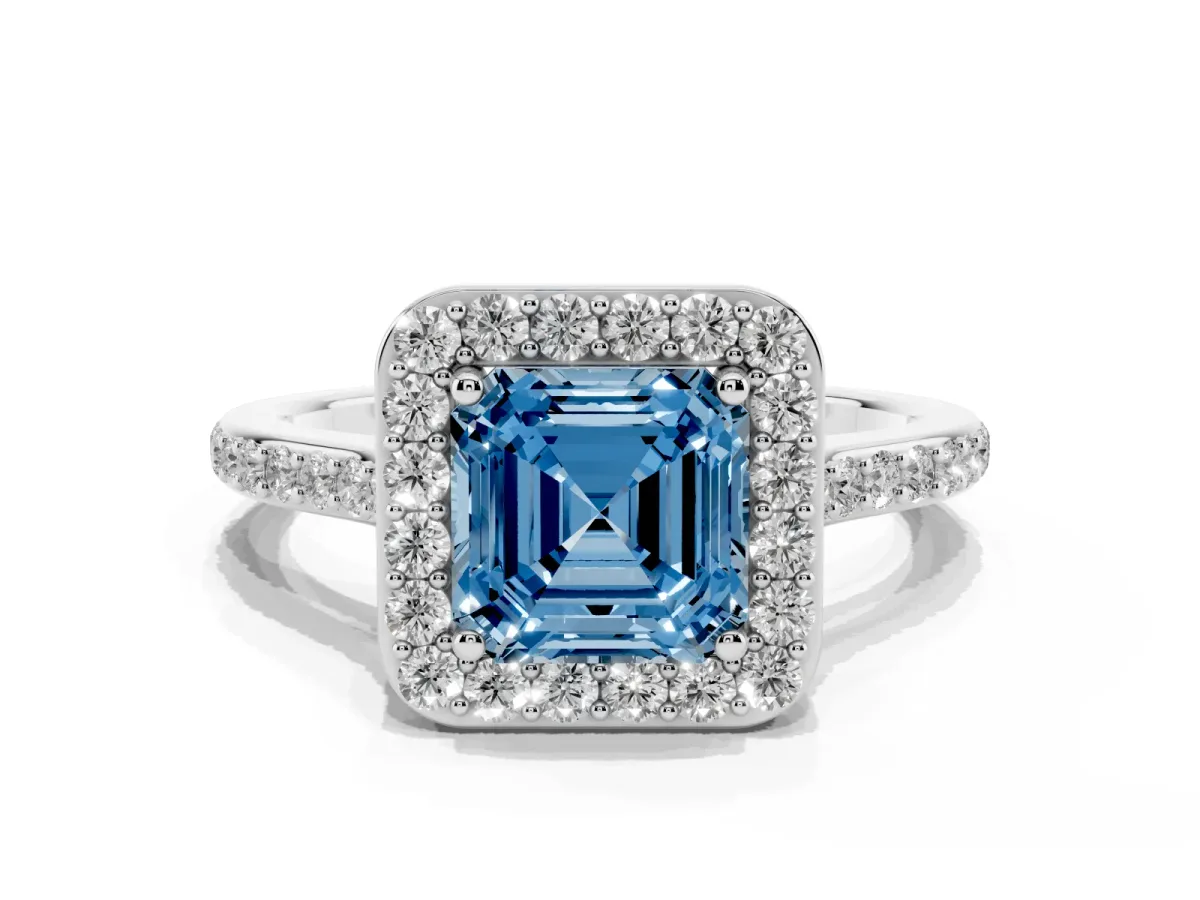 Fancy Blue Asscher Cut Diamond Halo Engagement Ring with Round Pavé Shoulders and Prong Setting Platinum