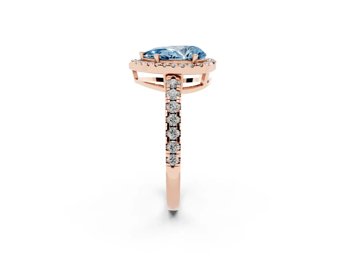 Fancy Blue Pear Cut Diamond Halo Ring with Pavé Band and Four-Prong Setting Rose gold