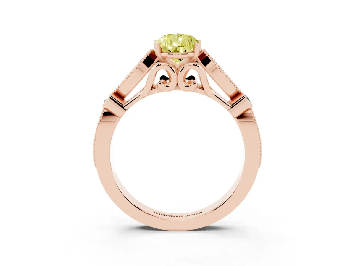 Fancy Yellow Pear Cut Cut Diamond with Milgrain Marquise and Bezel Accents on a Solitaire Band with Prong Setting Rose gold