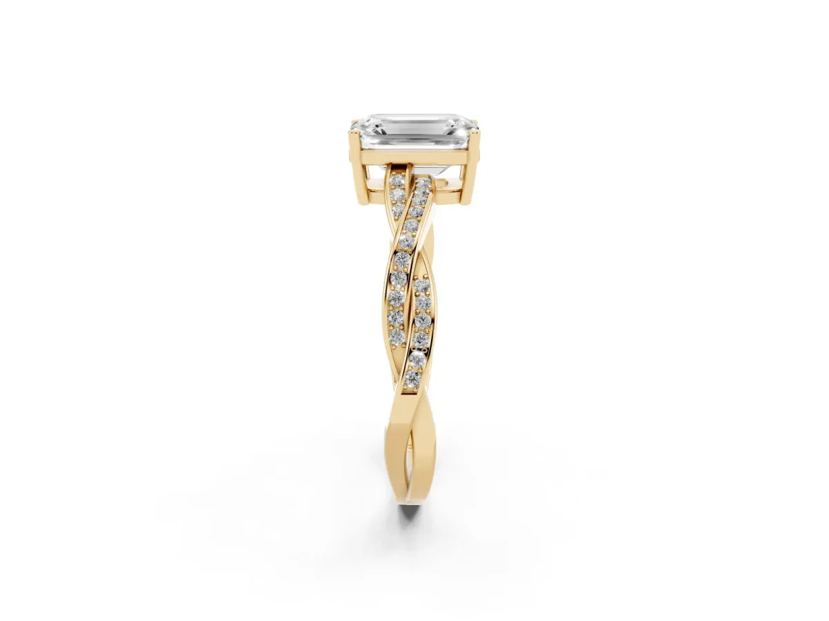 Emerald Cut Solitaire Twisted Pave Diamond Ring with Four-Prong Setting Yellow gold