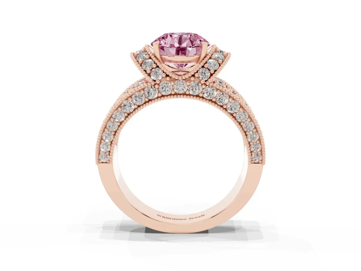 Fancy Pink Round Cut Halo Pave Diamond Engagement Ring with Milgrain Detailing Rose gold