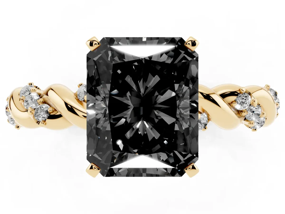 Fancy Black Radiant Cut Diamond Solitaire Ring with Twisted Band and Pavé Accents Yellow gold