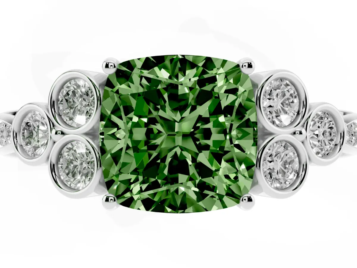 Fancy Green Cushion Cut Cut Diamond Engagement Ring with Bezel Set Round Side Stones and Prong Setting White gold