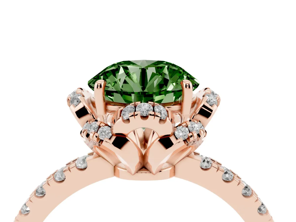 Fancy Green Round Cut Halo Diamond Pave Band Ring with Four-Prong Setting Rose gold
