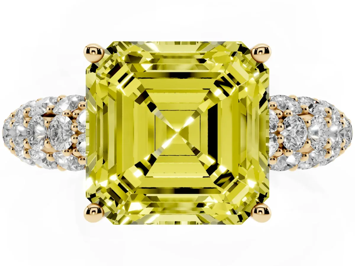 Fancy Yellow Asscher Cut Diamond Pavé Band Solitaire Ring with Four-Prong Setting Yellow gold