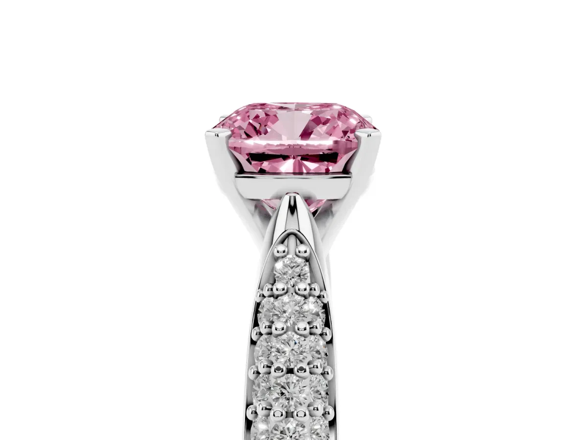 Fancy Pink Cushion Cut Diamond Solitaire Engagement Ring with Multi-Row Round Pavé Band and Prong Setting Silver