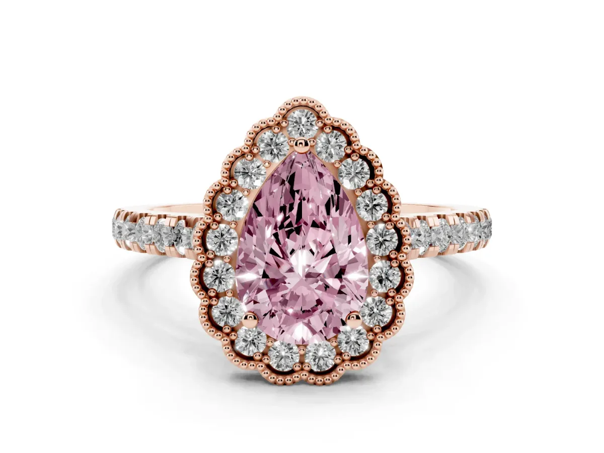 Fancy Pink Pear Cut Cut Diamond Milgrain Floral Halo Engagement Ring with Pavé Band Rose gold