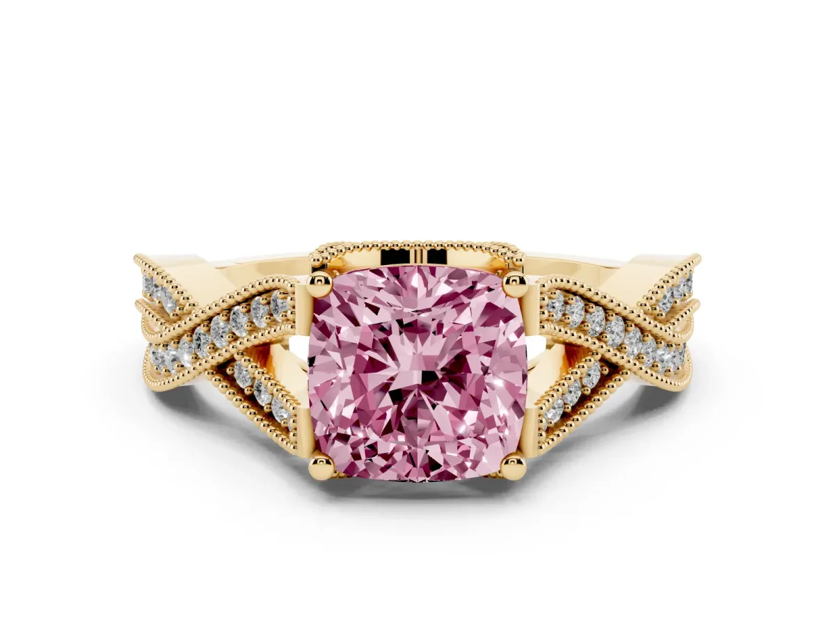 Fancy Pink Cushion Cut Cut Diamond Twisted Band with Milgrain Pave Setting and Four-Prong Setting Yellow gold