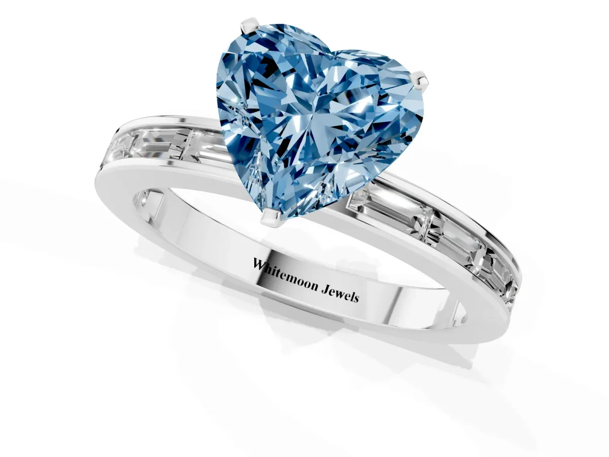 Fancy Blue Heart Cut Solitaire Diamond Ring with Channel-Set Baguette Band and Four-Prong Setting Platinum
