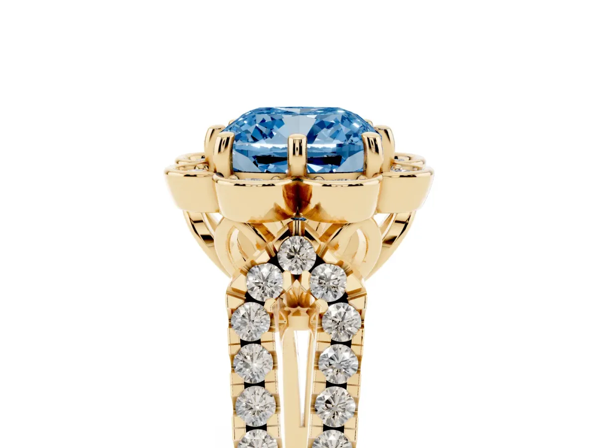 Fancy Blue Cushion Cut Halo Diamond Floral Split Shank Engagement Ring Yellow gold
