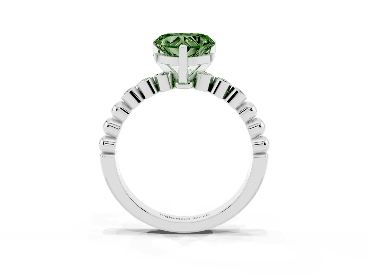 Fancy Green Heart Cut Solitaire Bezel Accent Diamond Engagement Ring with Beaded Band and Four-Prong Setting Silver