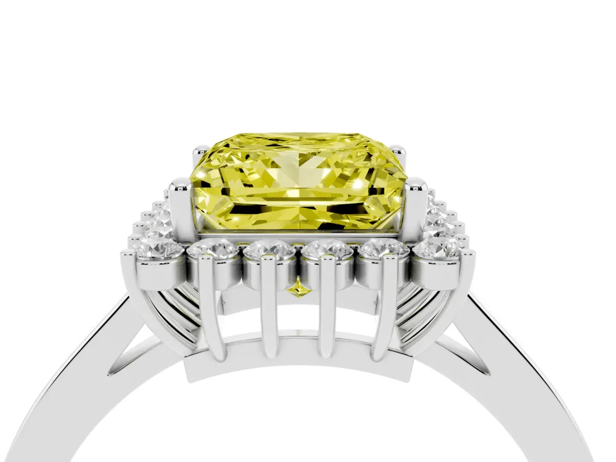 Fancy Yellow Princess Cut Cut Diamond Halo Ring with Round Brilliant Halo and Solitaire Band Silver