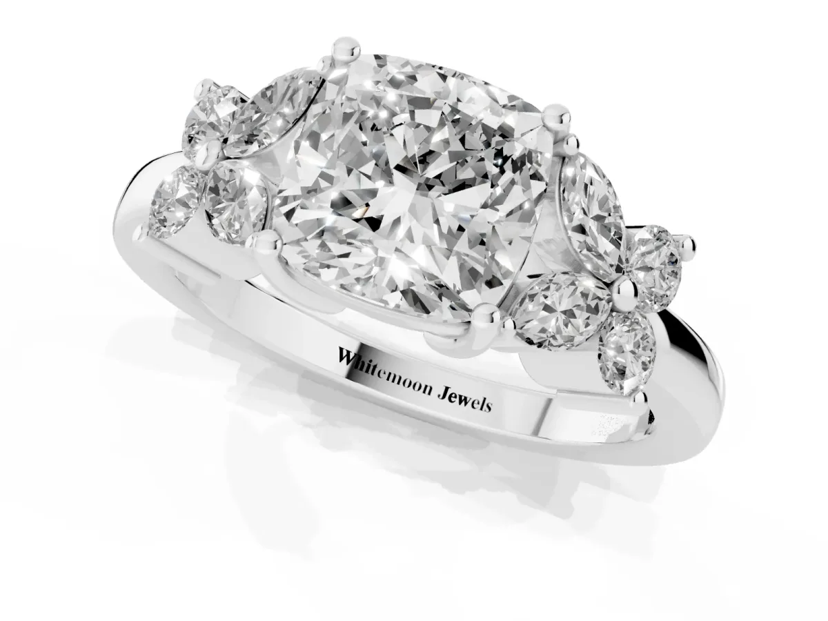 Cushion Cut Diamond Floral Cluster Ring with Solitaire Band and Prong Setting Silver