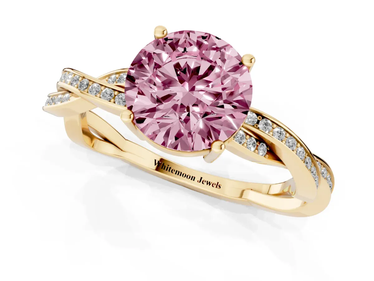 Fancy Pink Round Cut Solitaire Twisted Pave Diamond Ring with Four-Prong Setting Yellow gold