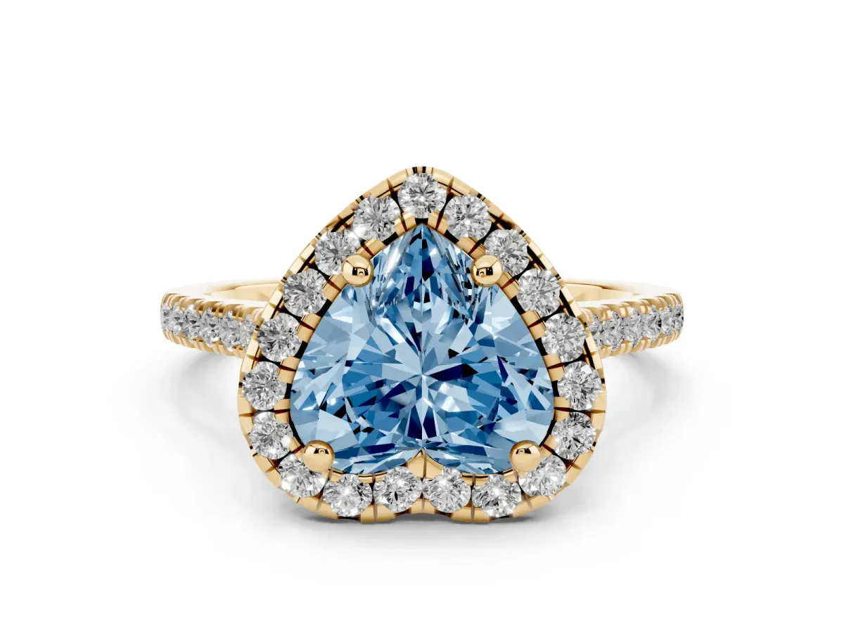 Fancy Blue Heart Cut Diamond Cushion Halo Ring with Pavé Band Yellow gold