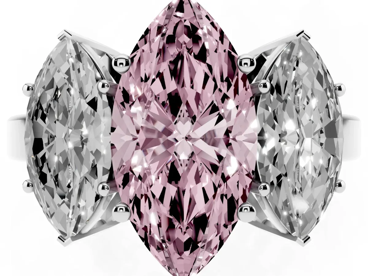 Fancy Pink Three-Stone Marquise Cut Cut Diamond Engagement Ring with Flat Band and Four-Prong Setting Silver
