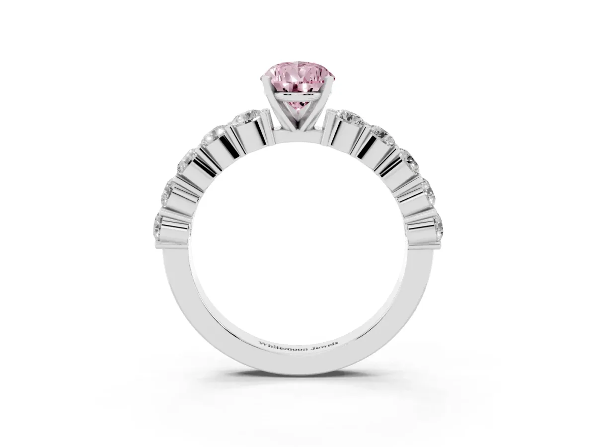 Fancy Pink Pear Cut Diamond Solitaire Ring with Shared Prong Round Side Stones White gold