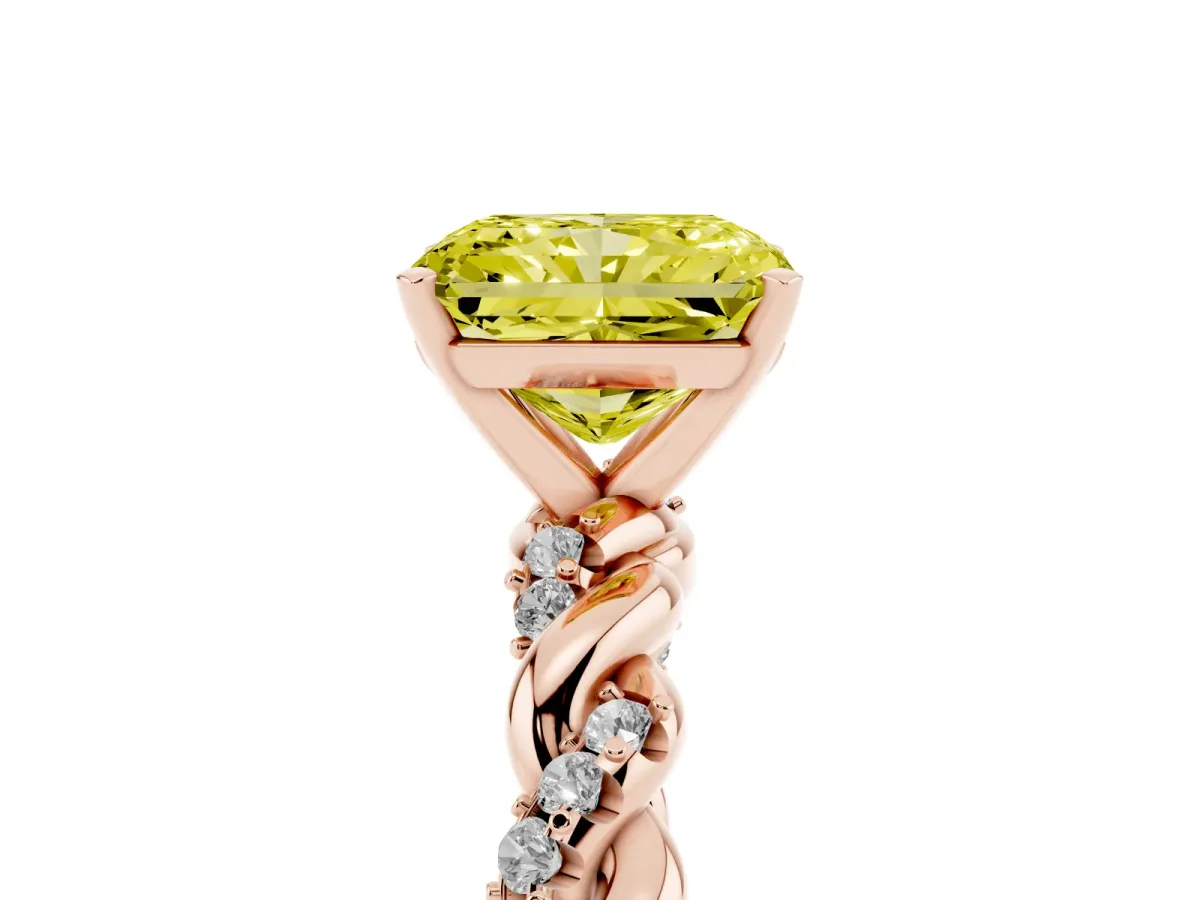 Fancy Yellow Radiant Cut Diamond Solitaire Ring with Twisted Band and Pavé Accents Rose gold