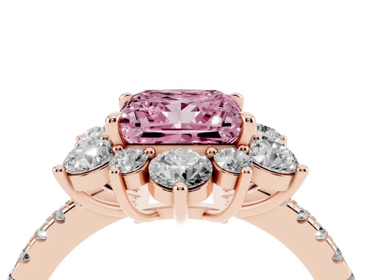 Fancy Pink Princess Cut Diamond Floral Halo Ring with Round Pavé Band and Prong Setting Rose gold