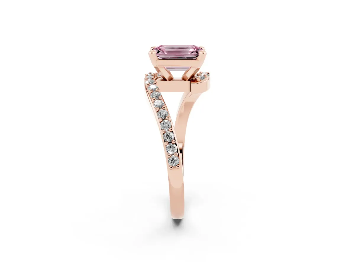 Fancy Pink Emerald Cut Solitaire Twist Band with Pave Set Diamonds and Four-Prong Setting Rose gold