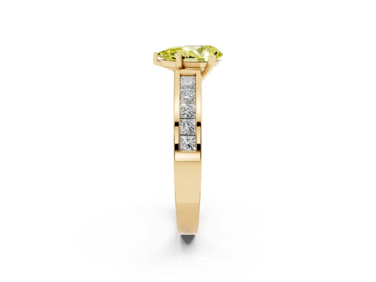 Fancy Yellow Pear Cut Solitaire Diamond Ring with Channel-Set Band and Four-Prong Setting Yellow gold