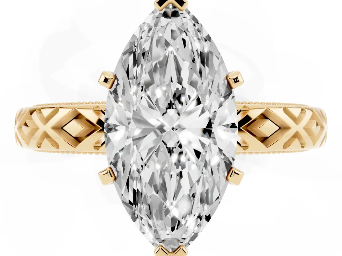 Marquise Cut Solitaire Diamond Ring with Milgrain and Black Enamel X Pattern Band Yellow gold