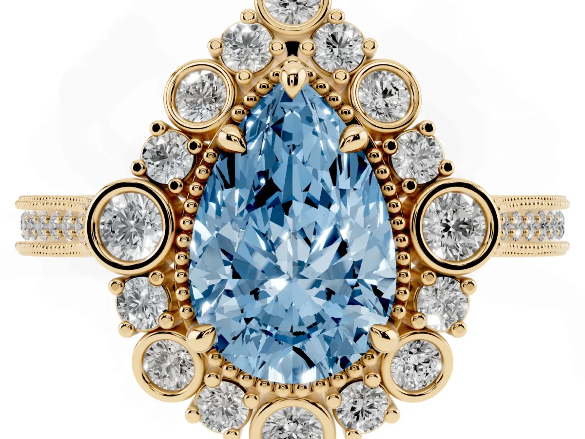 Fancy Blue Pear Cut Halo Milgrain Pave Diamond Ring with Four-Prong Setting Yellow gold